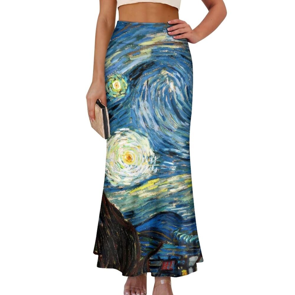 4185 Starry Night Long Skirts High Waist A Line Maxi Skirts Flare Long Maxi